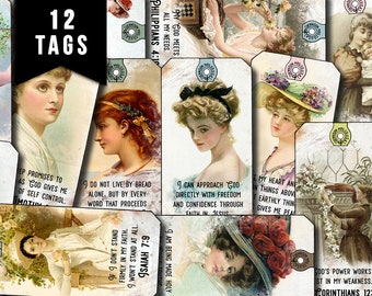 Puede incluir: Doce etiquetas de regalo de estilo vintage con imágenes de mujeres y citas inspiradoras. Las etiquetas están impresas en un papel texturizado con un aspecto desgastado. Las citas incluyen versículos de la Biblia, como Filipenses 4:19, Isaías 7:9 y 1 Corintios 12:9.