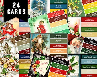 May include: A collage of 24 Christmas cards with color palettes for each card. The cards feature various Christmas themes, including Santa Claus, reindeer, Christmas trees, and winter scenes. The color palettes are arranged in rows of five colors each, with the color codes listed below each color.