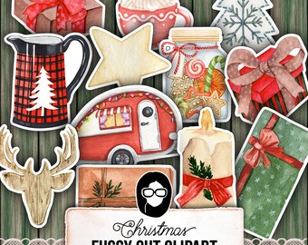 Könnte beinhalten: Ein Set mit 12 weihnachtlichen, ausgeschnittenen Clipart-Bildern. Die Bilder beinhalten einen rot-weiß karierten Krug, einen rot-weißen Wohnwagen, einen Stern, eine Kerze, ein Glas mit Süßigkeiten, einen Weihnachtsbaum, eine rot-weiße Geschenkbox, eine rot-weiße Geschenkbox mit einer braunen Schleife, einen Hirschkopf, eine Tasse mit heißer Schokolade und ein Geschenk, das in grünes Papier mit einer roten Schleife eingewickelt ist.