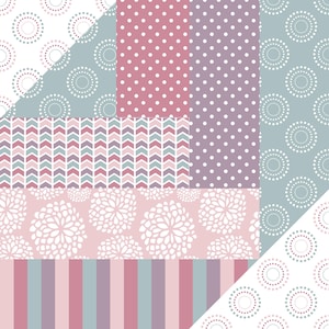 Pode incluir: Um design de patchwork com vários padrões em cores pastel. O design inclui bolinhas, chevrons, motivos florais, listras e padrões circulares. A paleta de cores consiste em rosa, lavanda e verde-azulado, criando uma estética suave e feminina.
