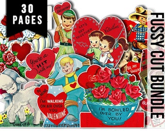 Retro Valentine's Day Cards, Ephemera Fussy Cuts -30pg Digital Download- Junk Journal Printables, Paper Craft PDF JPEG, Collage Sheets