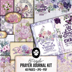 Faith Junk Journal Kit, Scripture Ephemera, Purple Junk Journal Kit-40pg Digital Download- Religious Cards, Prayer Quotes, Bible Verse Cards