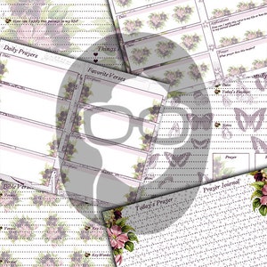 May include: A printable journal page with a floral design and lined sections for writing. The page includes sections for "Today's Bible Study", "Devotional Daily Gratitude", "Daily Prayers", "Favorite Verses", "Bible Verse", "Things I'm Thankful For", and "Prayer Journal".