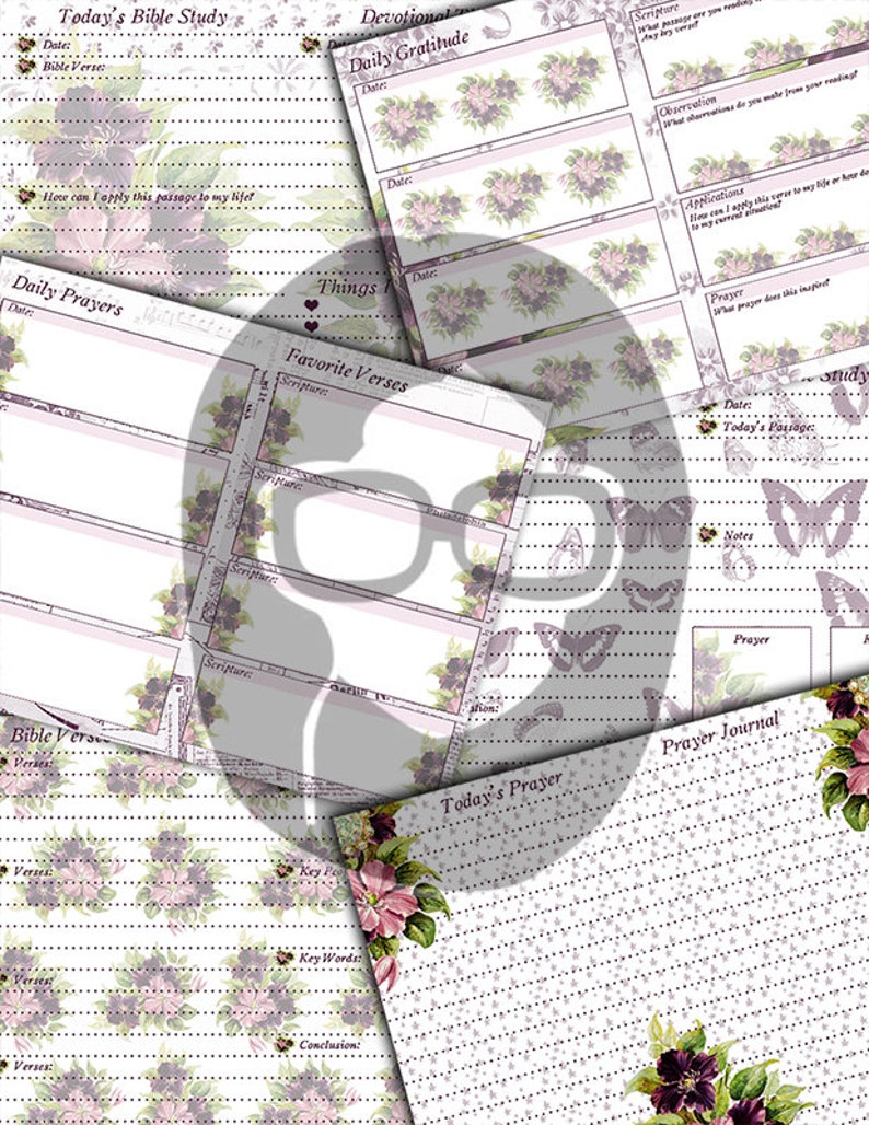 May include: A printable journal page with a floral design and lined sections for writing. The page includes sections for "Today's Bible Study", "Devotional Daily Gratitude", "Daily Prayers", "Favorite Verses", "Bible Verse", "Things I'm Thankful For", and "Prayer Journal".