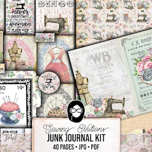 Sewing Junk Journal Printables, Sewing Digital Paper -40pg Digital Download- Sewing Ephemera, Pink Vintage Kit, Sewing Clipart, Shabby Chic
