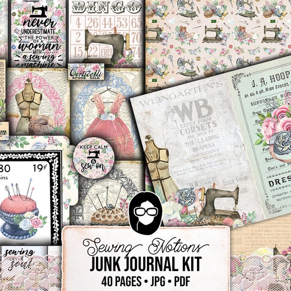 Sewing Junk Journal Printables, Sewing Digital Paper -40pg Digital Download- Sewing Ephemera, Pink Vintage Kit, Sewing Clipart, Shabby Chic