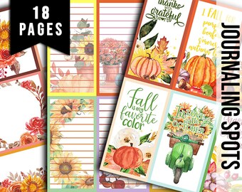 Könnte beinhalten: 18 druckbare Journal-Seiten mit Herbstmotiven. Die Seiten zeigen Sonnenblumen, Kürbisse, Blätter und Text, der "Herbst ist meine Lieblingsfarbe", "Ich liebe den Oktober" und "Danke mit einem dankbaren Herzen" lautet.