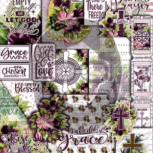 May include: Digital collage sheet with a floral theme and inspirational quotes. The sheet features purple and pink flowers, a cross, and quotes such as "Grace Wins", "God is Love", "Simply Blessed", "Rise Above & Beyond", and "Saved by Grace".