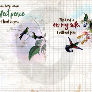 Pode incluir: Uma imagem de estilo vintage com uma cita&ccedil;&atilde;o sobre paz e confian&ccedil;a. A cita&ccedil;&atilde;o diz "You keep me in perfect peace As I trust in you." A imagem apresenta dois beija-flores verdes empoleirados em um galho com folhas verdes e flores brancas. O fundo &eacute; uma aquarela de cor azul claro e rosa.