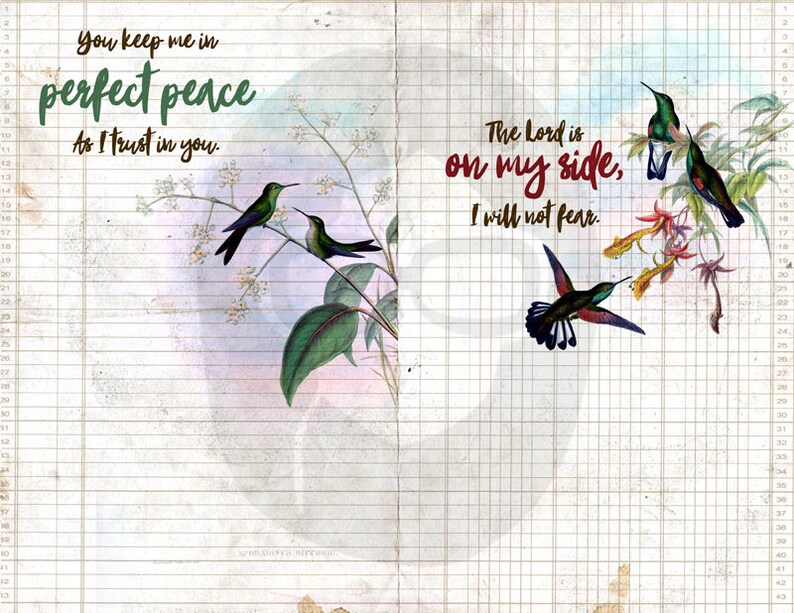 Pode incluir: Uma imagem de estilo vintage com uma cita&ccedil;&atilde;o sobre paz e confian&ccedil;a. A cita&ccedil;&atilde;o diz "You keep me in perfect peace As I trust in you." A imagem apresenta dois beija-flores verdes empoleirados em um galho com folhas verdes e flores brancas. O fundo &eacute; uma aquarela de cor azul claro e rosa.