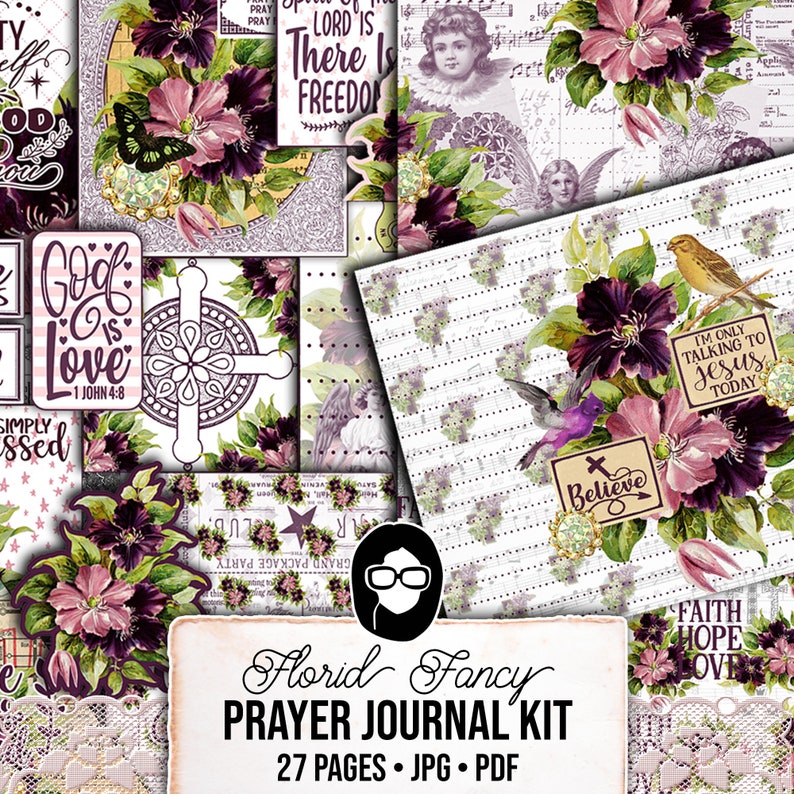 May include: A digital scrapbooking kit with 27 pages of floral designs, religious quotes, and musical notes. The kit is titled "Florid Fancy Prayer Journal Kit".