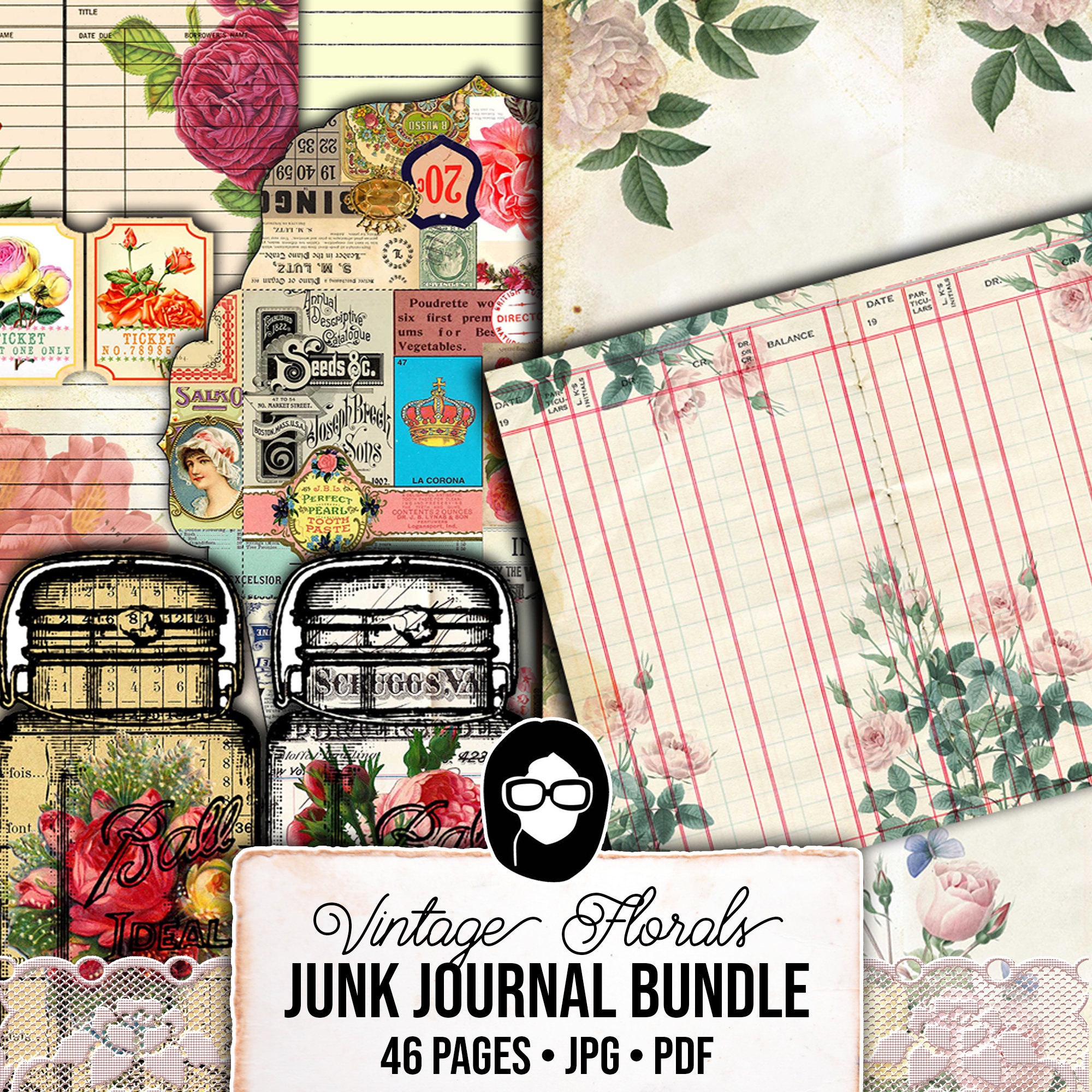 Printable Junk Journal Kit, Pages & Ephemera Bundle #16 -46pg Digital ...