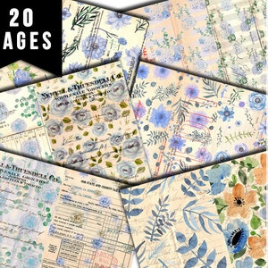 Junk Journal Pages, Blue Floral Scrapbook Paper, S84 -20pg Digital Download- Ephemera Background, Collage Sheets Printable, Spring Flowers