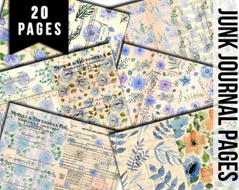 Junk Journal Pages, Blue Floral Scrapbook Paper, S84 -20pg Digital Download- Ephemera Background, Collage Sheets Printable, Spring Flowers