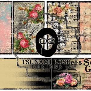 May include: A vintage-style digital collage featuring a floral design with pink roses, a musical score, and a distressed background. The text "TSUNAMI ROSEee's Seeds Grow" is displayed on a banner with a black and white striped pattern. The text "Burpee's Annual" is also included.
