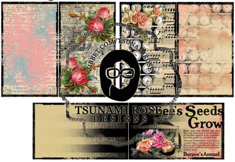 May include: A vintage-style digital collage featuring a floral design with pink roses, a musical score, and a distressed background. The text "TSUNAMI ROSEee's Seeds Grow" is displayed on a banner with a black and white striped pattern. The text "Burpee's Annual" is also included.