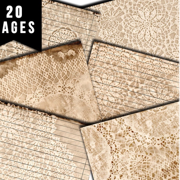 Coffee Dyed Lace Paper, Coffee Stained Digital Paper -20pg Digital Download- Lace Doilies, Junk Journal Pages, Lined Paper, Scrapbook Paper