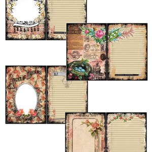 May include: Six vintage-style printable journal pages with floral and text designs. The pages feature a variety of floral patterns, including roses, lilies, and birds. The text on the pages includes the words "Perfumes", "Rising Sun Stove Polish", "Angel of Dreams", "Something New", "Luscious Liquid for Teeth & Breath", and "We in Elegance and Service".