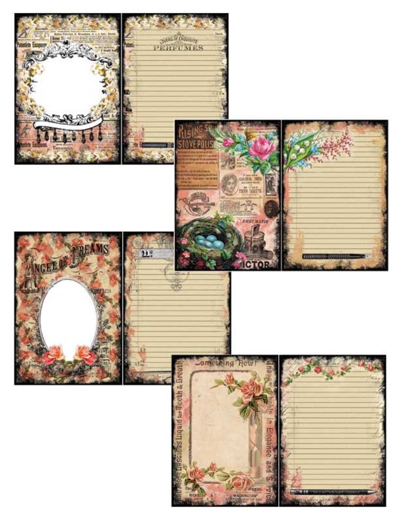 May include: Six vintage-style printable journal pages with floral and text designs. The pages feature a variety of floral patterns, including roses, lilies, and birds. The text on the pages includes the words "Perfumes", "Rising Sun Stove Polish", "Angel of Dreams", "Something New", "Luscious Liquid for Teeth & Breath", and "We in Elegance and Service".