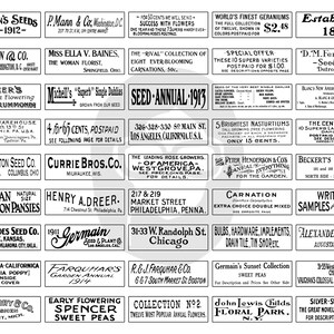 May include: A vintage advertisement for seed companies from the early 1900s. The ad features black and white text on a white background, with the names of various seed companies and their locations. Some of the companies listed include Vaughan's Seeds, P. Mann & Co., Dreer's, The Livingston Seed Co., Currie Bros. Co., and D.M. Ferry & Co.