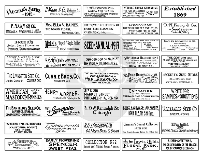 May include: A vintage advertisement for seed companies from the early 1900s. The ad features black and white text on a white background, with the names of various seed companies and their locations. Some of the companies listed include Vaughan's Seeds, P. Mann & Co., Dreer's, The Livingston Seed Co., Currie Bros. Co., and D.M. Ferry & Co.