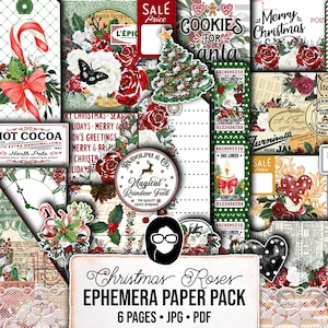 Christmas Printables, Ephemera Fussy Cuts -6pg Digital Download- Junk Journal DIY Kit, Pockets, Envelopes, Labels, Tags, Cards, Titles, Red