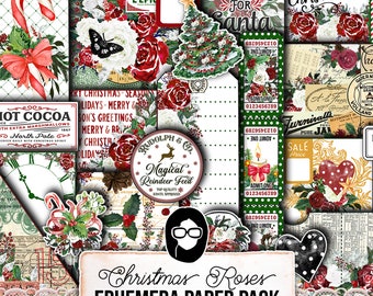 Christmas Printables, Ephemera Fussy Cuts -6pg Digital Download- Junk Journal DIY Kit, Pockets, Envelopes, Labels, Tags, Cards, Titles, Red