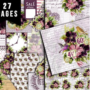 Purple Junk Journal Kit - Florid Fancy - 27 Pg Instant Download - digital floral paper, lined diary journaling pages, planner pages, to do