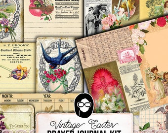 Puede incluir: Kit de diario de oración vintage de Pascua con 37 páginas. El kit incluye imágenes de flores, pájaros, ángeles y otros diseños con temática de Pascua. El kit es perfecto para scrapbooking, creación de tarjetas y otros proyectos de manualidades.