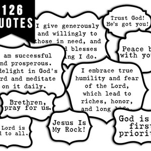 Może przedstawiać: Czarno-biała grafika z tekstem "126 QUOTES". Kilka dymków zawiera inspirujące cytaty, takie jak "Ufaj Bogu! On cię ma!" i "Jestem udany i pomyślny".