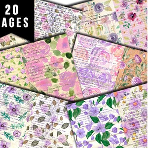 Junk Journal Pages, Purple Floral Scrapbook Paper, S83 -20pg Digital Download- Ephemera Background, Collage Sheets Printable, Spring Flowers