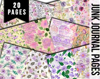 Junk Journal Pages, Purple Floral Scrapbook Paper, S83 -20pg Digital Download- Ephemera Background, Collage Sheets Printable, Spring Flowers