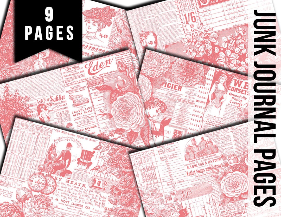 Junk Journal Printable Pages, Pink Journal Kit -9 Pg Instant Junk Journal Printable Pages, Pink Journal Kit -9 Pg Instant