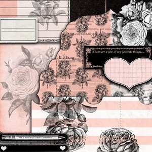 May include: A vintage postcard with a black and white floral design. The postcard has a pink and white striped background and a black border. The text "Post Card" is printed in black at the top of the card. The text "These are a few of my favorite things..." is printed in black at the bottom of the card.