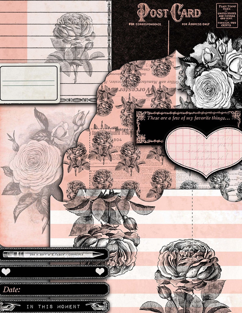 May include: A vintage postcard with a black and white floral design. The postcard has a pink and white striped background and a black border. The text "Post Card" is printed in black at the top of the card. The text "These are a few of my favorite things..." is printed in black at the bottom of the card.