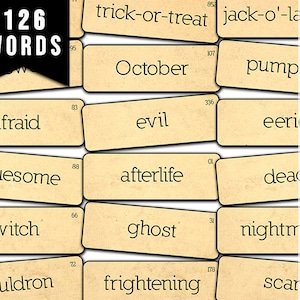 Halloween Printable, Vocabulary Flashcards - 7pg Digital Download- Junk Journal Words ,Scrapbook titles, Journal Labels, Fussy Cut, Quotes