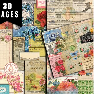 May include: A collage of vintage images featuring floral patterns, text, and illustrations. The images are arranged in a grid pattern and include a variety of colors, including pink, blue, green, and yellow. The text in the images includes the words "Travelers Notebook" and "30 Pages".
