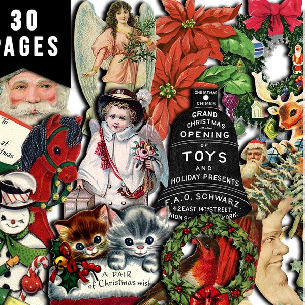 Fussy Cut Christmas Ephemera, Christmas Clipart -30pg Digital Download- Vintage and Retro, Old fashioned Christmas, Ephemera Paper Pack