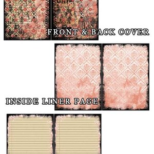 May include: A digital printable set of journal pages featuring a pink and black floral design, a pink and white damask pattern, and a lined journal page with a black border.