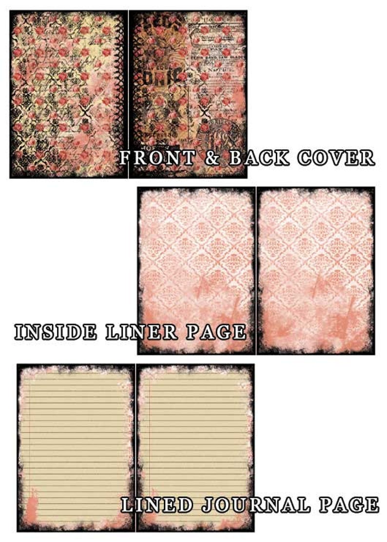 May include: A digital printable set of journal pages featuring a pink and black floral design, a pink and white damask pattern, and a lined journal page with a black border.