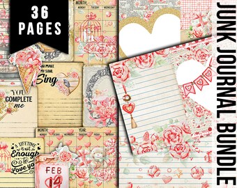 Valentine's Junk Journal Kit, Journaling Bundle #26 -36pg Digital Download- Ephemera, Pattern Paper, Quotes, Note Cards, To do List, Shabby