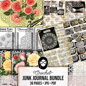 Printable Junk Journal Kit, Vintage Crochet, Bundle #1 -36pg Digital Download- Ephemera Paper Pack, Scrapbook Paper, Granny Chic