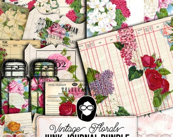 Printable Junk Journal Kit, Mega Bundle 2 -52pg Digital Download- Ephemera Pack, Vintage Paper, Flower Clip Art, Shabby Chic, Spring Flowers
