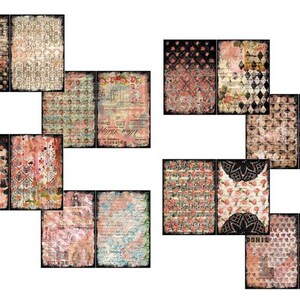 May include: A set of 12 digital paper sheets with vintage floral patterns, featuring black and white, pink, and blue colors. The papers have a distressed, aged look and are perfect for scrapbooking, card making, and other crafting projects.