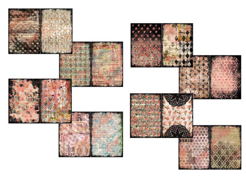May include: A set of 12 digital paper sheets with vintage floral patterns, featuring black and white, pink, and blue colors. The papers have a distressed, aged look and are perfect for scrapbooking, card making, and other crafting projects.