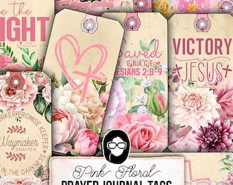 Pink Junk Journal Tags,Prayer Journal Digital, Journaling Tags -3pg Instant Download- Bible Verse Cards, Vintage Printable Tags,Ephemera Kit