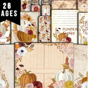 Fall Digital Paper, Autumn Journal Kit-26pg Digital Download- Thanksgiving Pumpkin, Fall Harvest, Pumpkin Journal Pages, Fall Journaling Kit
