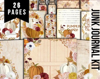 Fall Digital Paper, Autumn Journal Kit-26pg Digital Download- Thanksgiving Pumpkin, Fall Harvest, Pumpkin Journal Pages, Fall Journaling Kit