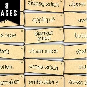 May include: Vocabulary cards with beige background and black text. The cards feature sewing terms such as zigzag stitch, appliqué, bias tape, blanket stitch, bolt, chain stitch, cotton, cross-stitch, dressmaker, embroidery, dress form, foot, awl, button, chalk, cut, zipper.