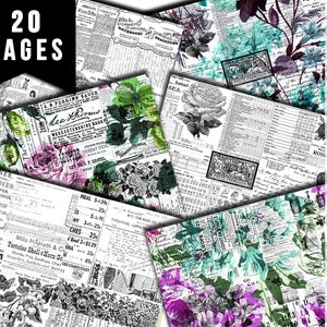 Junk Journal Printable Pages, Ephemera Background -20pg Digital Download- Ink Saver, Stamp Paper, Spring Floral Clipart, Rose Digital Papers